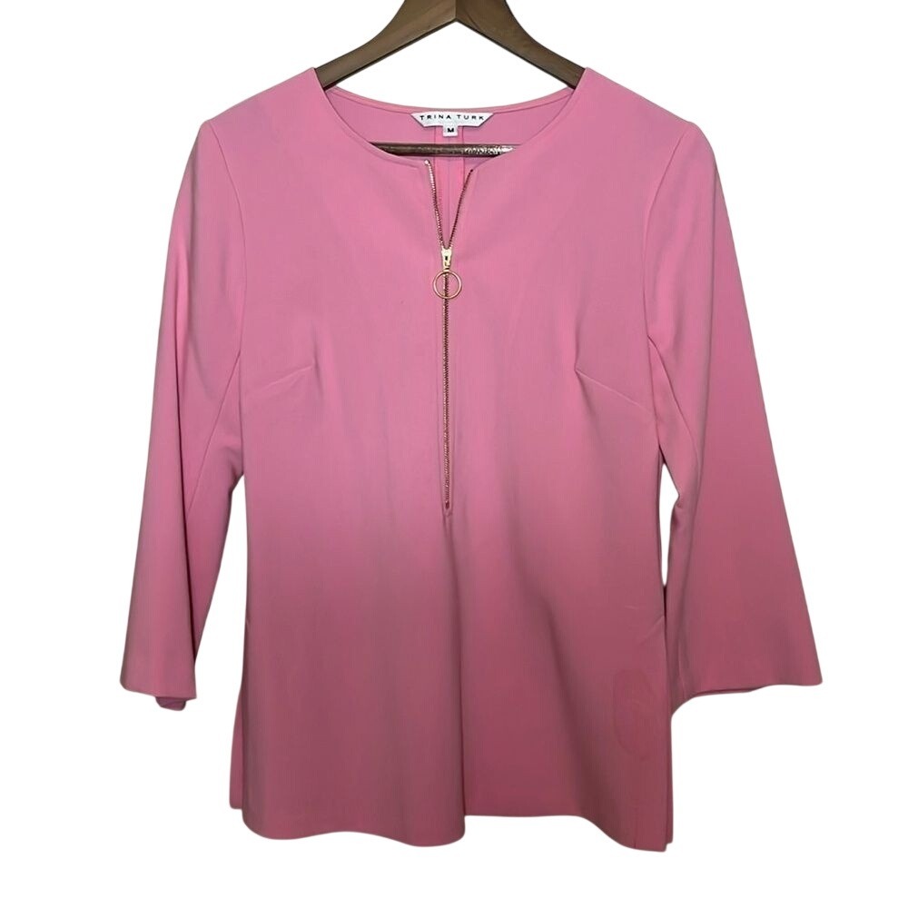 Trina Turk Versed Zip Front Top Blouse Tunic Pink Medium Office Career